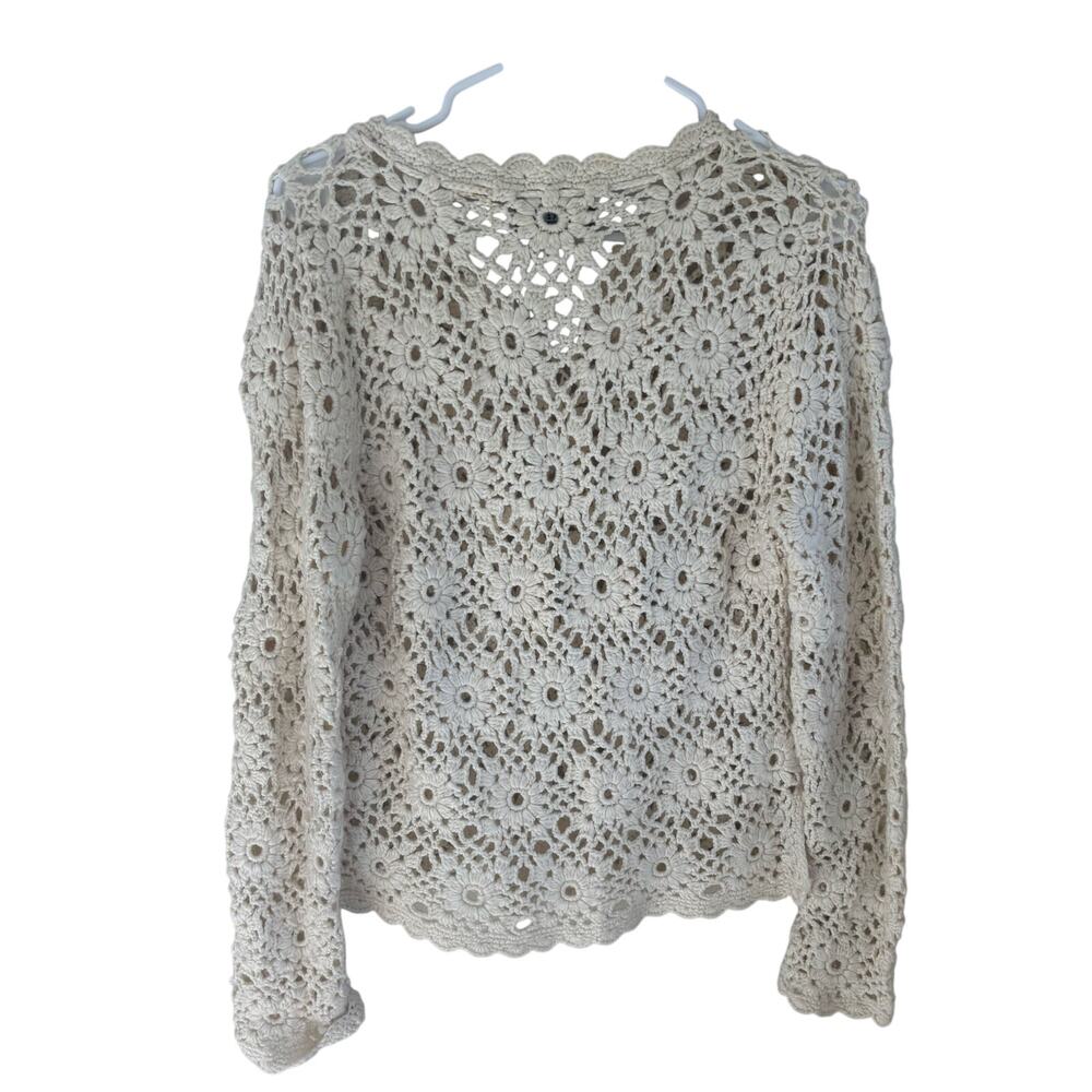 Express Handknit Women's Medium Cream Floral Crochet Sweater Top Cottage Boho - Picture 7 of 7